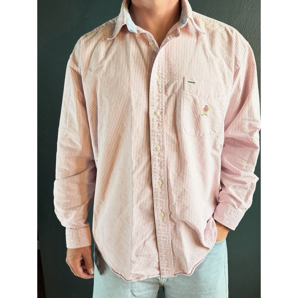 Vintage Tommy Hilfiger Red White Stripe Button Up Shirt Mens XL Crest Logo